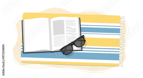 Vector illustration of an open book and sunglasses on a colorful beach towel