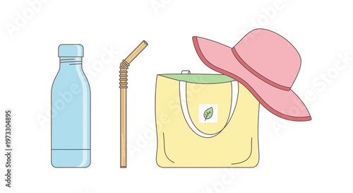 Eco friendly reusable bag with hat and water bottle for a sustainable lifestyle
