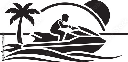 Jet Ski Rider on Tropical Beach with Palm Tree and Sunset Icon