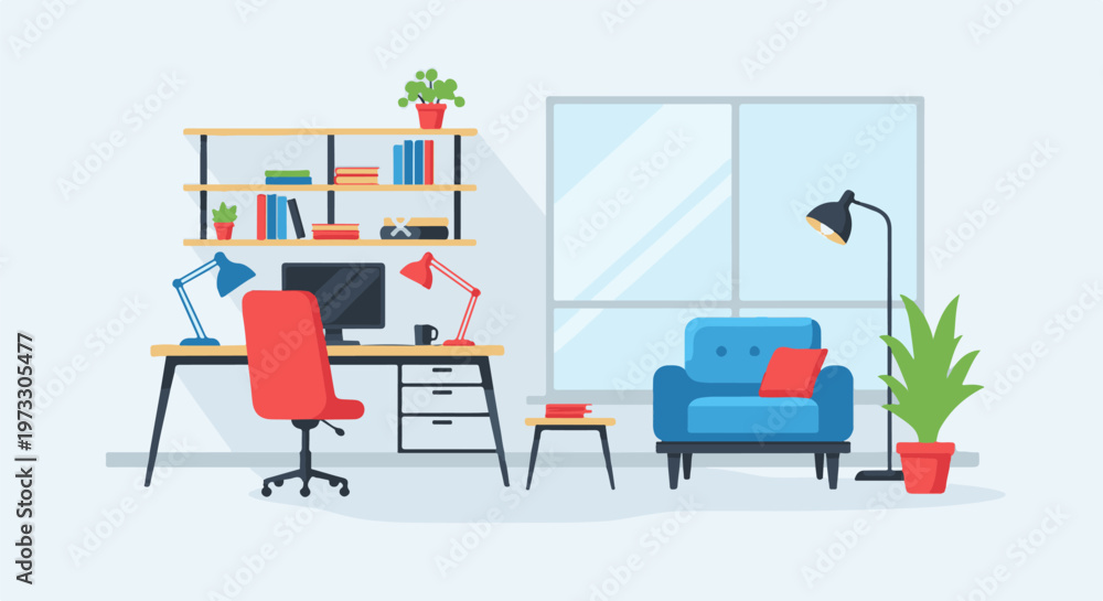 Fototapeta premium Bright, modern home office with desk, chair, bookshelves, and armchair by window