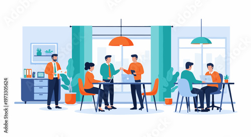 Professionals collaborate in a modern office setting, discussing tasks and ideas around tables