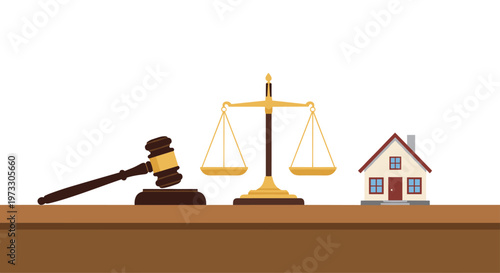 A traditional wooden gavel, golden scales of justice, and a small residential house model are meticulously arranged on a polished brown wooden surface today.