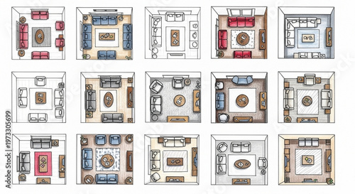 Living Room Furniture Layout Interior Design Sketch Top View Modern Color Pencil Illustration Concept