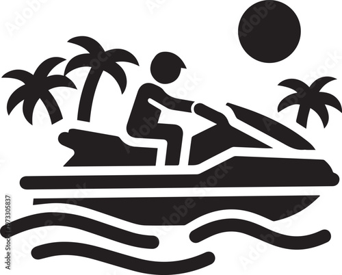 Jet Ski Rider with Tropical Palm Trees Beach Scene Vector Icon