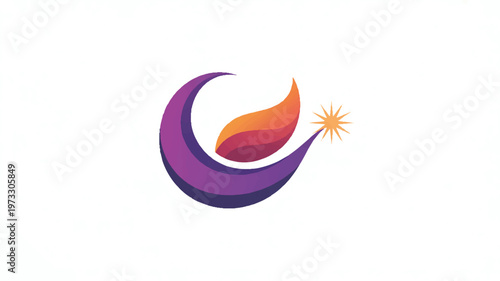 Elegant and dynamic abstract emblem blending a graceful crescent curve with an upward-sweeping fire-like form and a radiant starburst design