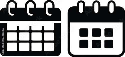 Set of minimalist black and white calendar icons representing date, schedule, event planning, and time management tools for applications, websites, and digital interfaces