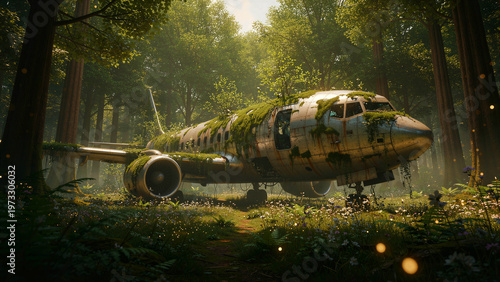 The metallic fuselage of a weathered airplane sits abandoned and decaying while covered in thick layers of green moss, showing signs of heavy rust and structural oxidation across the entire exterior