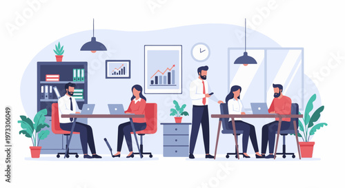 Colleagues work in a modern office with laptops and plants, creating a productive atmosphere