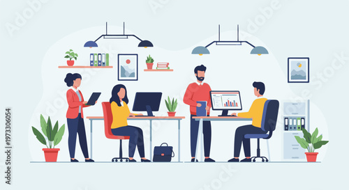 People working in an office environment, with computers, plants, and shelving