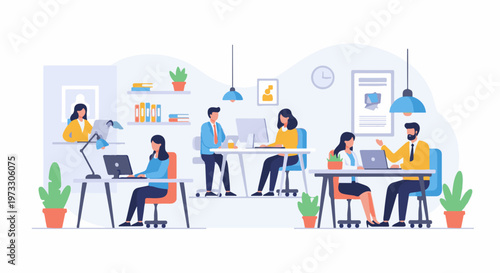 Modern office scene with diverse individuals collaborating and working on computers