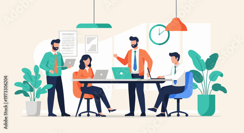 Colleagues collaborate around a table in a modern office space