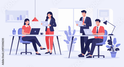 Diverse team collaborating in a modern office with laptops and plants