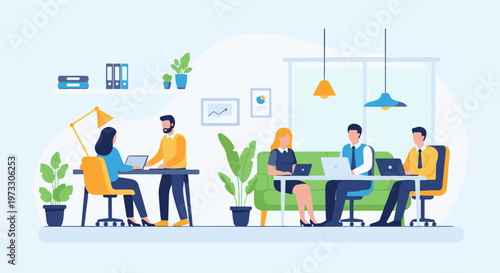 Diverse team collaborating in a modern, bright office space with plants and lamps