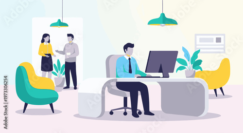 Modern office with diverse individuals collaborating and working on computers