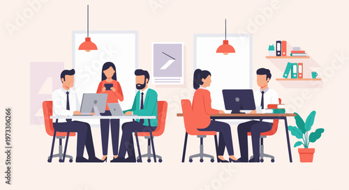 People working in a modern office, using laptops and computers