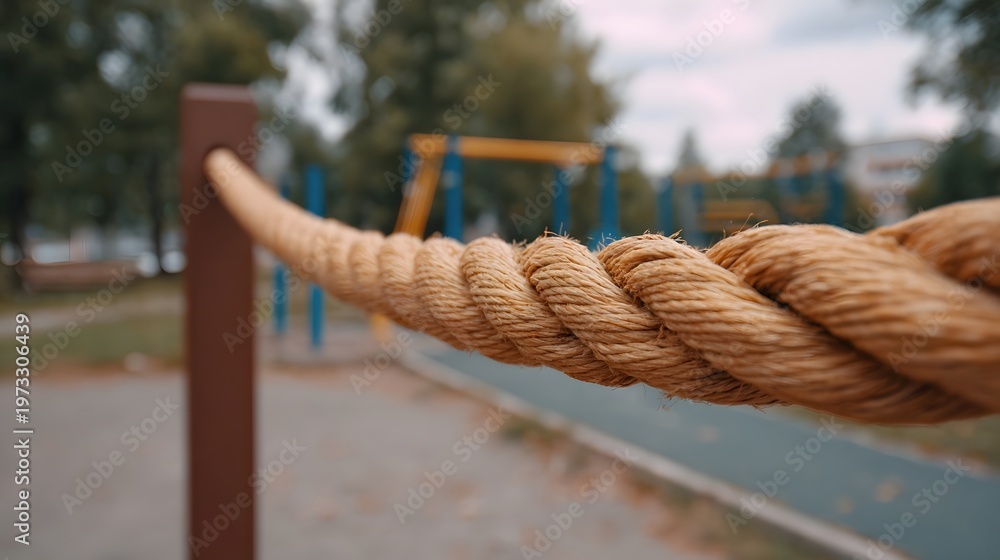 Fototapeta premium Close up of a thick textured rope on a wooden post in a playground with blurred playground equipment in the background