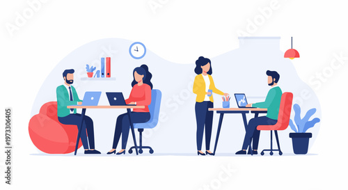 Two pairs of colleagues work diligently at desks with laptops in a modern, bright office space