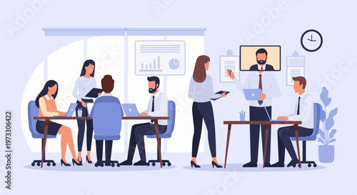 Diverse professionals collaborate in a modern office space, with some interacting in person and one joining remotely via video