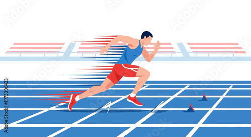 Athlete sprinting on a blue track during a race, motion blur effect, stadium background