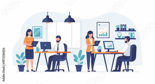 Business colleagues working on laptops at desks in a modern office with plants