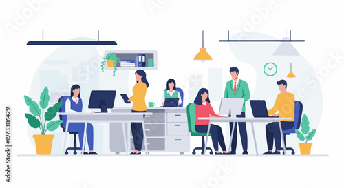 Diverse team collaborating and working diligently at their desks in a modern office environment