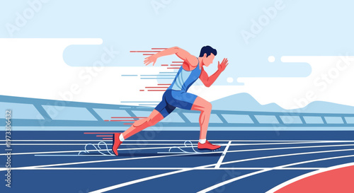 Athlete sprinting on a race track, speed lines indicating motion and competition