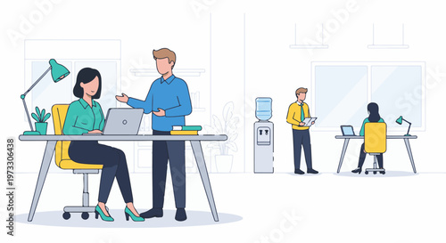 Office scene with people collaborating, using laptops, and water cooler