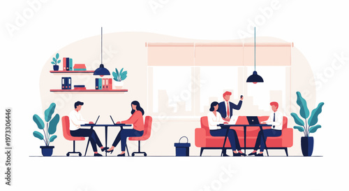 People working together in a modern office space, using laptops and collaborating