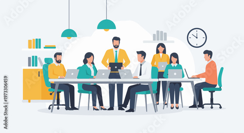 A diverse group of professionals collaborate around a modern table, engaged in tasks and discussions