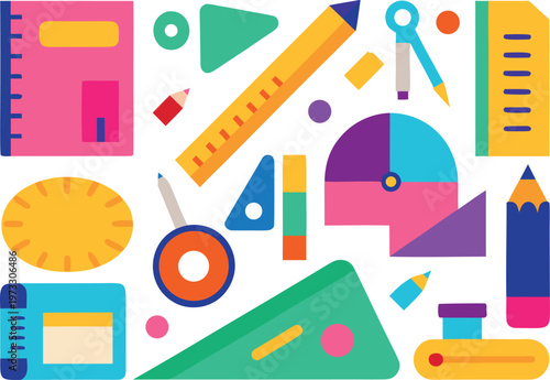 Vibrant collection of geometric school supplies and learning tools, featuring abstract illustrations of stationery for education and creative design projects