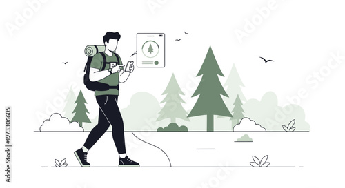 Hiker using smartphone app for navigation in a serene forest landscape