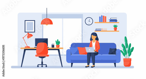 A person sits on a couch using a laptop in a home office with a desk, chair, and plants