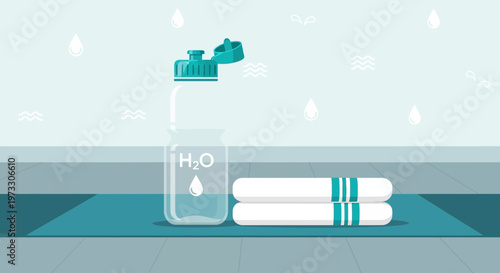 Hydration Concept: Water Bottle with H2O Label and Towels on Mat
