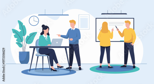 Diverse team collaborates on project ideas at office whiteboard