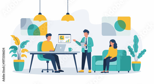 Flat illustration of three people in a modern office, discussing data on a laptop and tablet