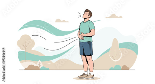 Man breathing deeply and calmly in a serene natural landscape, mindful relaxation