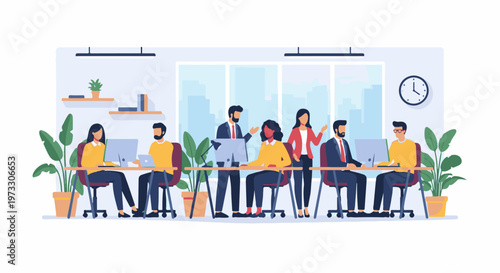 Diverse professionals collaborate, working on computers in a modern, bright office setting