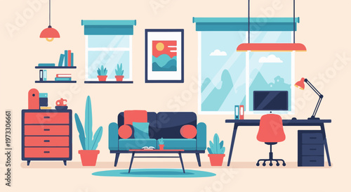 Cozy room with a sofa, desk, plants, and framed art, bathed in soft light