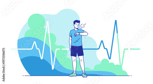 Man checking fitness tracker after workout with heartbeat line background