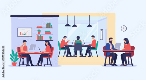 Employees collaborate and work at desks in a modern office space