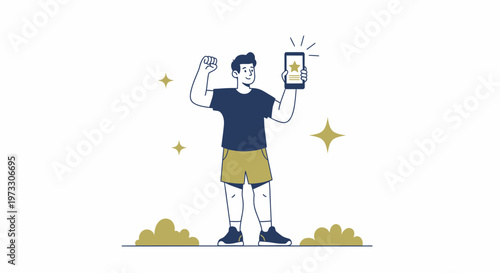 Man celebrating success holding phone with star rating, achievement concept