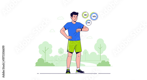 Man checking fitness tracker smartwatch in park, healthy lifestyle, outdoor activity