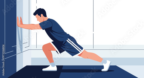 Man doing calf stretch against wall, fitness and exercise concept