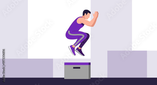 Man doing box jumps for fitness, athletic workout, strength training, and cardio exercise.