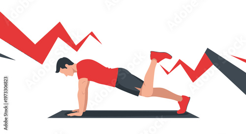 Man Doing Glute Kickback Exercise on Yoga Mat, Fitness Motivation, Dynamic Red Background