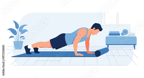 Man doing push-ups on yoga mat, home fitness, healthy lifestyle, indoor workout