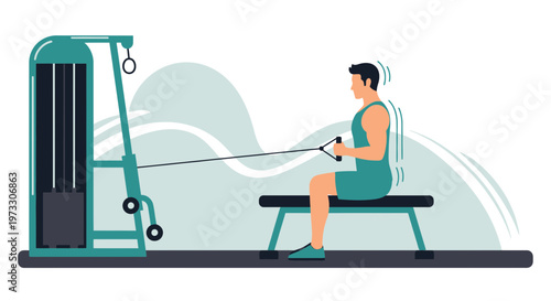 Man doing seated cable rows exercise on gym machine, fitness and workout concept