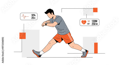 Man doing stretching exercise with smartwatch tracking fitness data, health monitoring