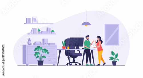 Colleagues collaborate at a desk in a modern office space with plants and bookshelves