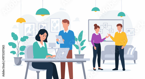 Professionals collaborating on a project in a bright, modern office with plants